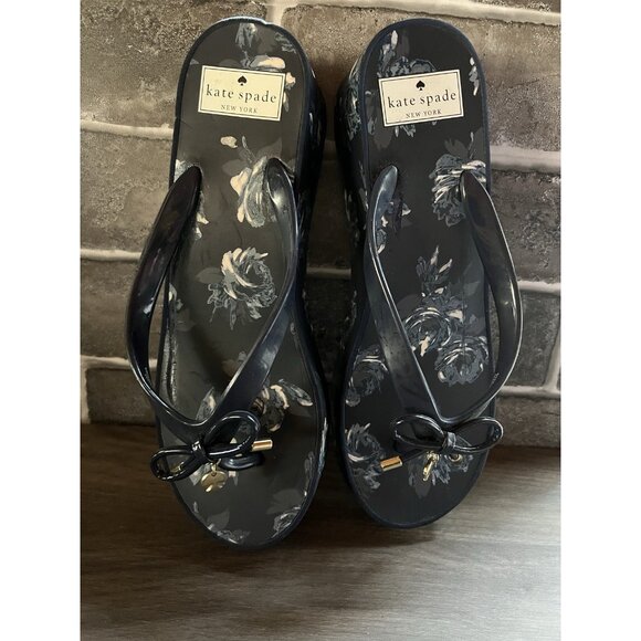 Kate Spade Blue Floral Wedge Sandals Size 9 Thong Summer Beach Party - Picture 16 of 16
